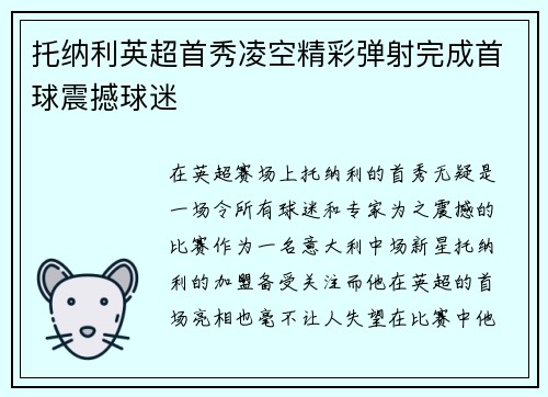 托纳利英超首秀凌空精彩弹射完成首球震撼球迷