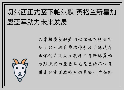 切尔西正式签下帕尔默 英格兰新星加盟蓝军助力未来发展