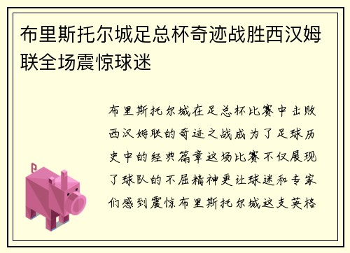 布里斯托尔城足总杯奇迹战胜西汉姆联全场震惊球迷 布里斯托尔城足总杯奇迹战胜西汉姆联全场震惊球迷